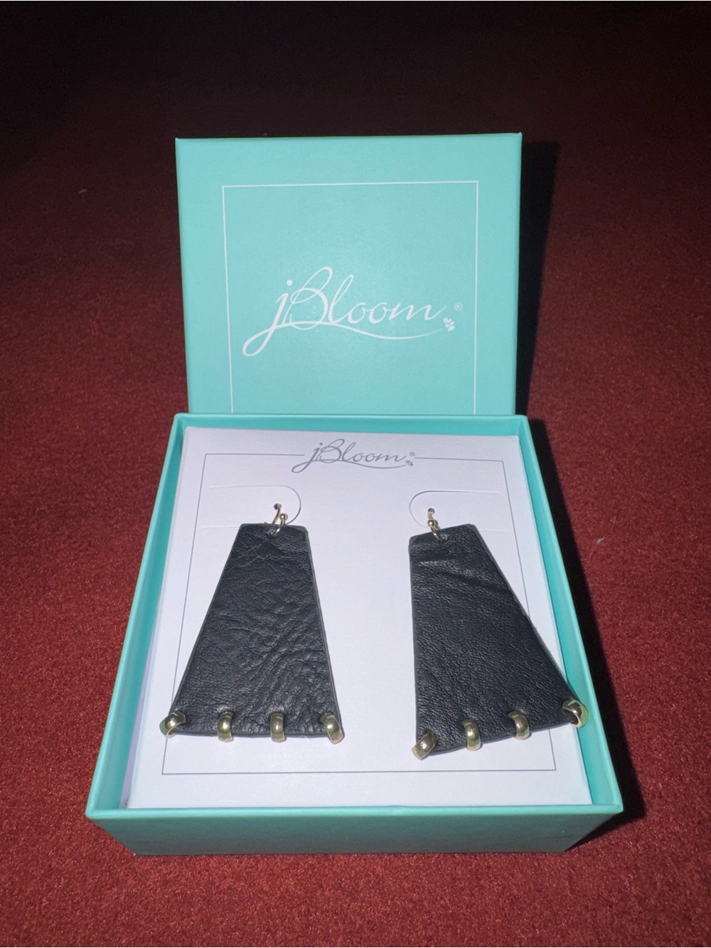 jBloom Faux Black Leather Tapered Drop Earrings with Gold Accents